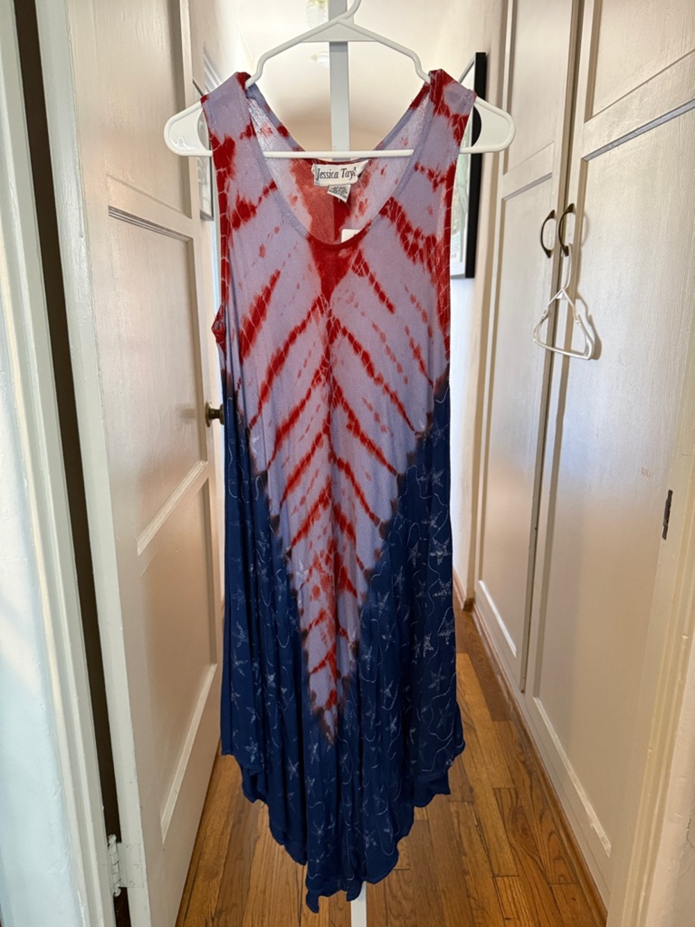 Jessica Taylor Tie-Dye Red and Navy Sleeveless Swing Dress with Stars